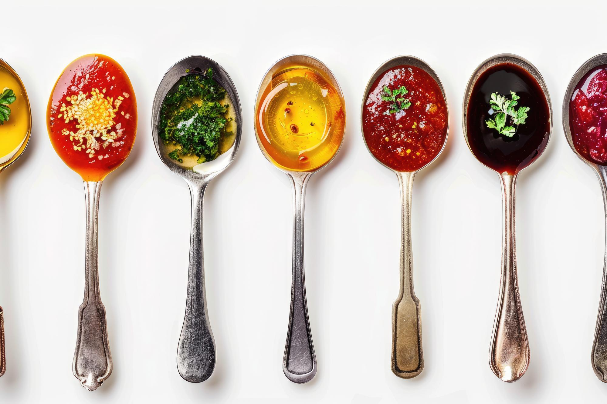 close-up of sauces in tasting spoons